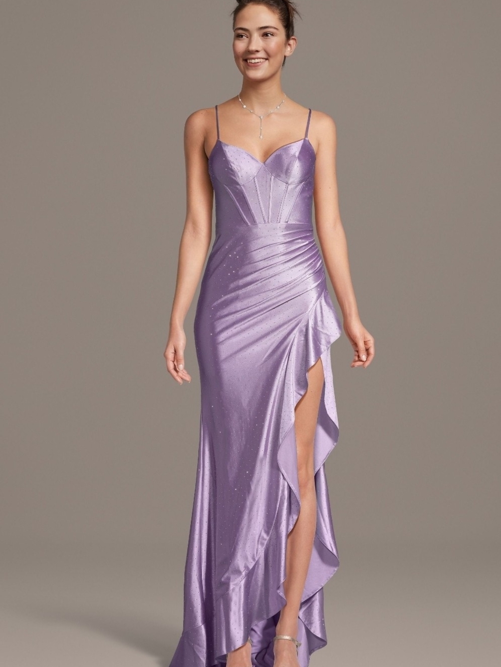 Lilac Spaghetti-Strap Ruffled Gown